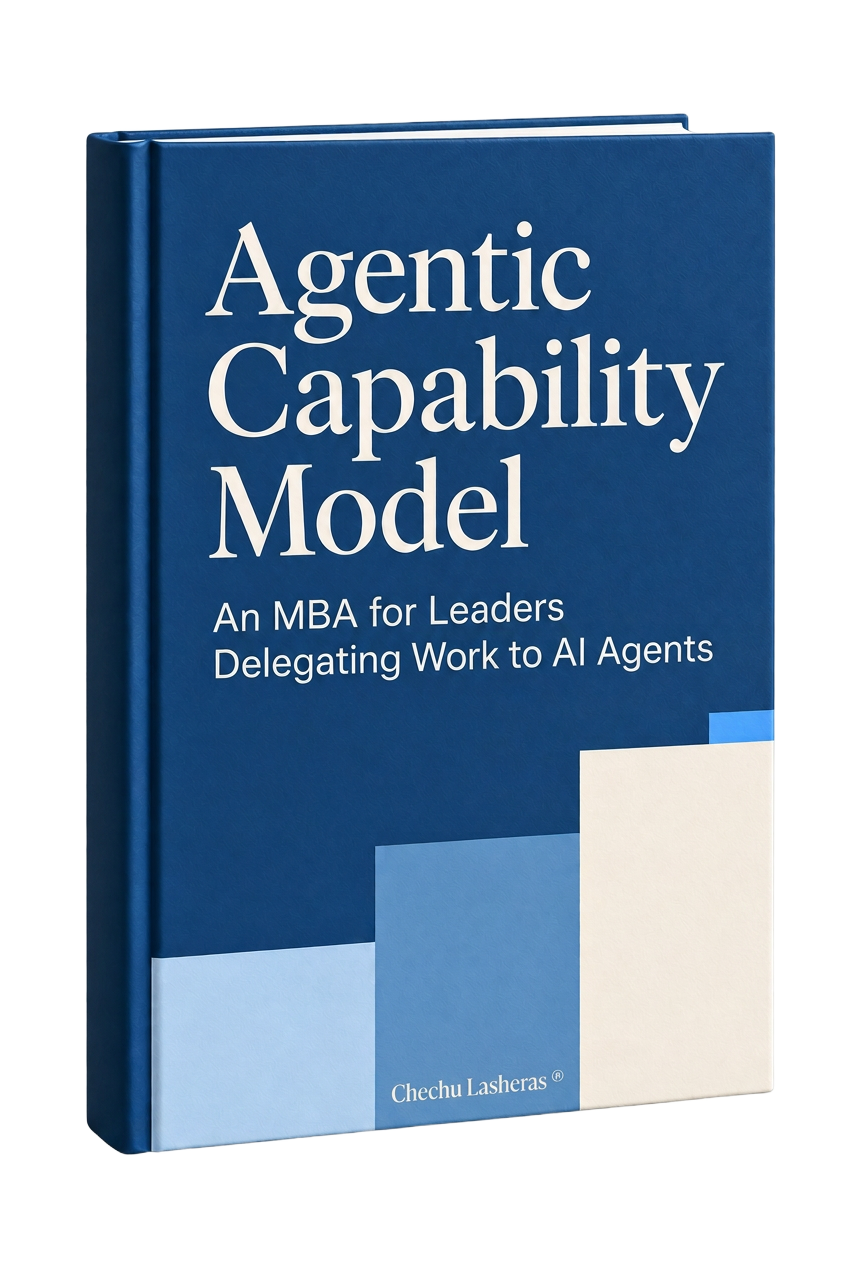 Agentic Capability Model: blue hardcover with a small Chechu Lasheras ® byline at the bottom, on a transparent background